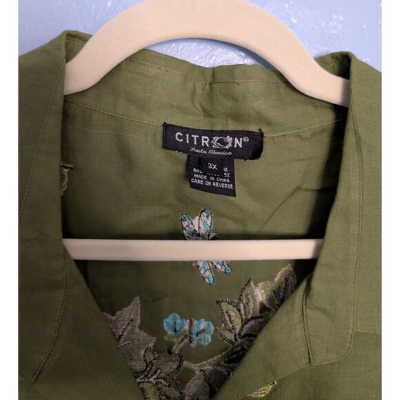 Citron Santa Monica 3X Green Button-Up Embroidered Ramie Tunic Top Boho Artsy - Picture 11 of 16